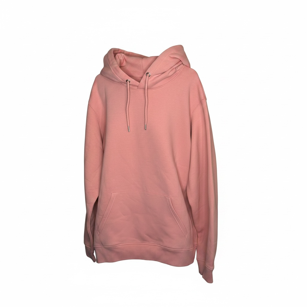 Pink hoodie featuring a kangaroo pocket and drawstring hood.